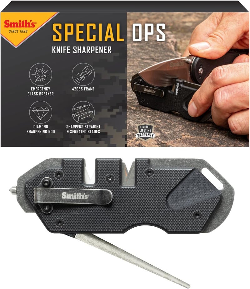 Smiths Smith’s Pocket Pal Tactical Knife Sharpener - 2 Stage Sharpener & Diamond Sharpening Rod - Pocket Clip - Outdoor Hunting Knife & Hook Sharpener - Compact & Lightweight - Image 1